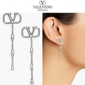 Valentino Garavani Mini VLOGO Crystal Drop Earrings Palladium/Crystal Silver NEW